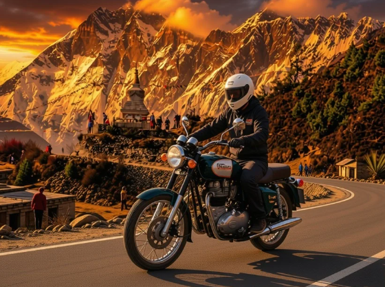 Vallée sacrée d'Helambu avec un motard en Royal Enfield.