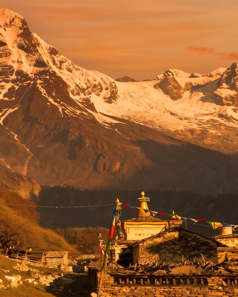 Randonnée à moto dans la vallée de Tsum : vue sur le monastère de Mu Gompa et le Ganesh Himal