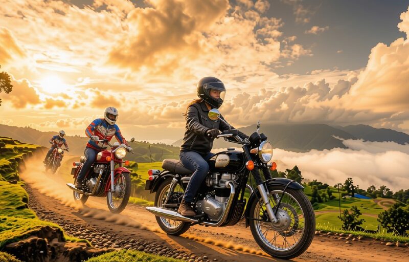 Excursion d'une journée à moto à Kakani vue de la chaîne Ganesh Himal avec Royal Enfield 350