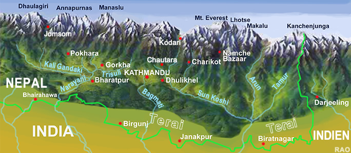 Carte d'altitude du Népal en perspective